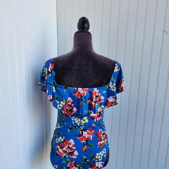 Ralph Lauren One Piece Swimsuit Off Shoulder Floral Blue Pink Print Sz 12 - Picture 5 of 16